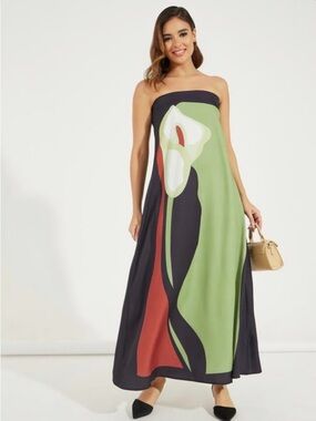SHEIN Strapless Maxi Dress in Green, Black & Red Floral Print